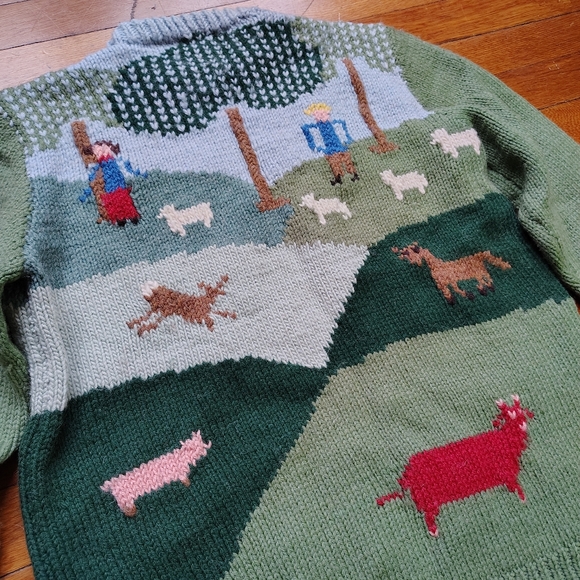 90s Vintage Handmade Wool Sweater Garden Farm Scene Handknit Medium Large - Picture 5 of 7